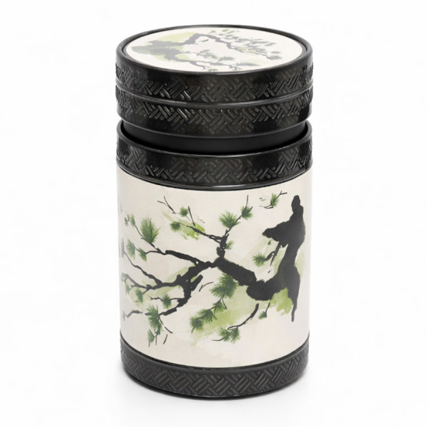 Akashi green tea caddy with pine branch decoration in Japanese style with textured black lid