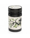 Akashi green tea caddy with pine branch decoration in Japanese style with textured black lid