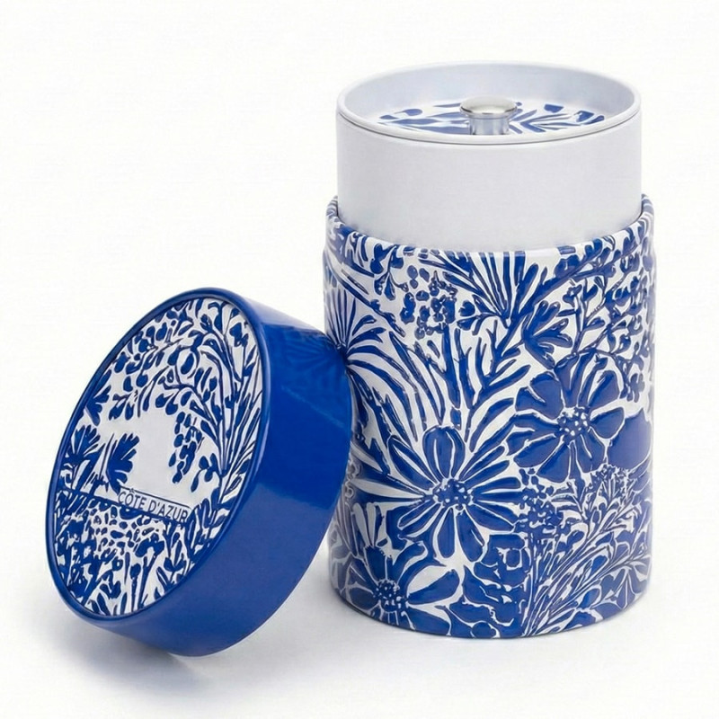 Blue and white ceramic tea caddy with floral patterns Côte d'Azur with lid Thés & Traditions