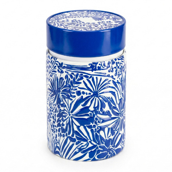 Keramisch theeblik met blauw en wit bloemendecor met blauw deksel côte d'azur