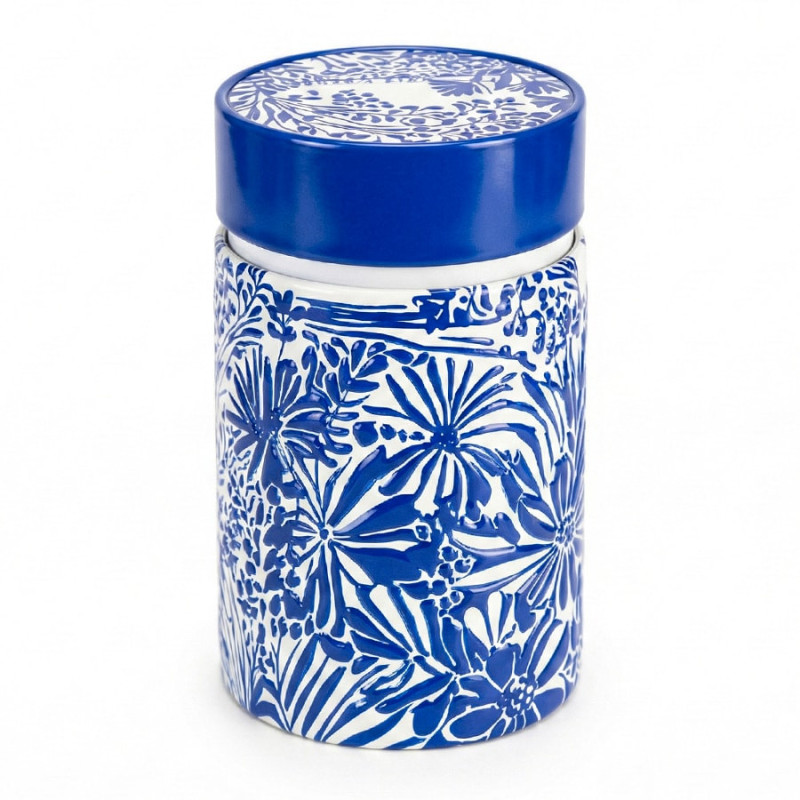 Keramische Teedose mit blauem und weißem Blumenmuster und azurblauem Deckel