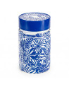 Keramische Teedose mit blauem und weißem Blumenmuster und azurblauem Deckel