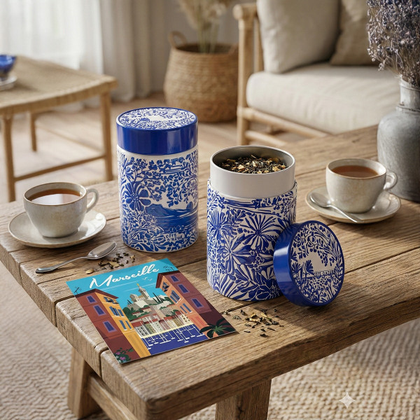 Teedose Côte d'Azur in Blau mit floralen Motiven und Landschaftsmuster neben loser Tee auf Holztisch