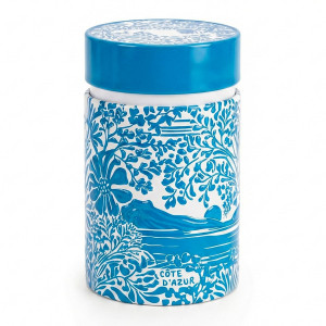 Türkisfarbene Teedose aus Keramik mit Blumenmotiven und Côte-d'Azur-Landschaften