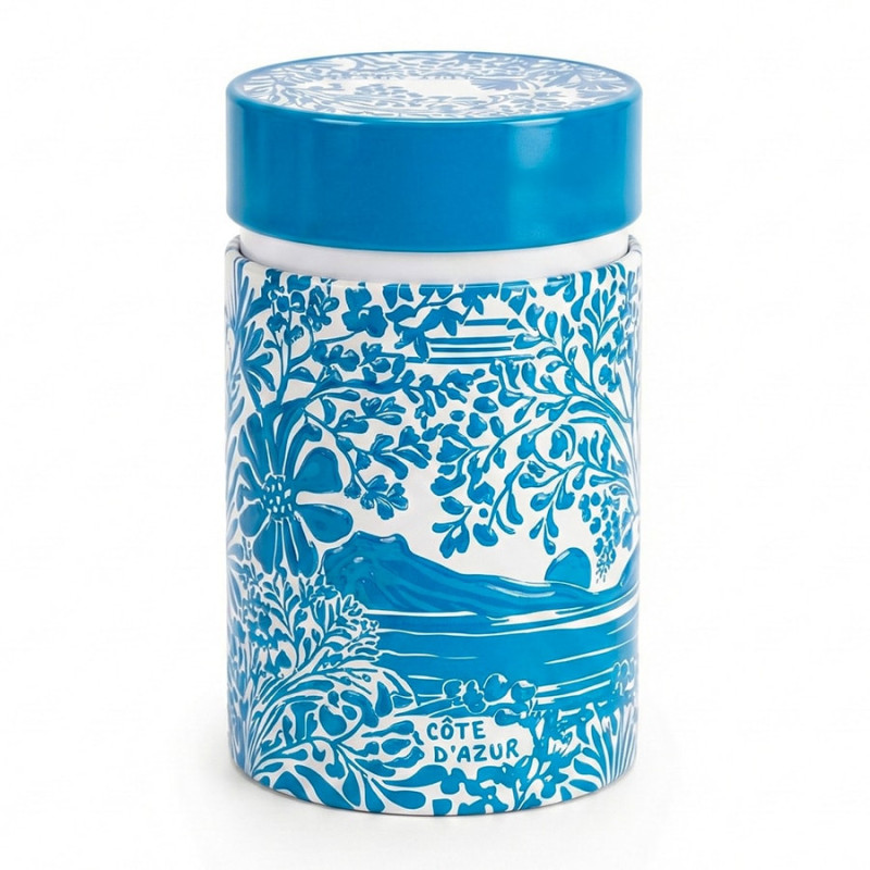 Türkisfarbene Teedose aus Keramik mit Blumenmotiven und Côte-d'Azur-Landschaften