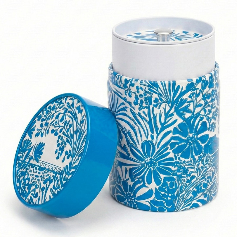 Turquoise tea caddy with floral pattern Côte d'Azur with removable lid Thés & Traditions