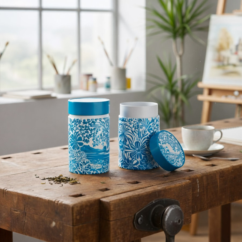 Turquoise tea caddy with floral pattern Côte d'Azur Thés et Traditions open and closed on wooden table