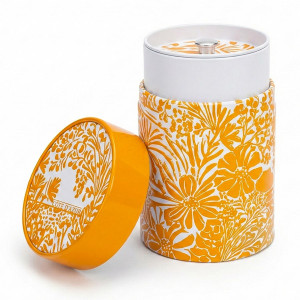 Boîte à thé Côte d'Azur corail avec motifs floraux orange et blanc Thés & Traditions