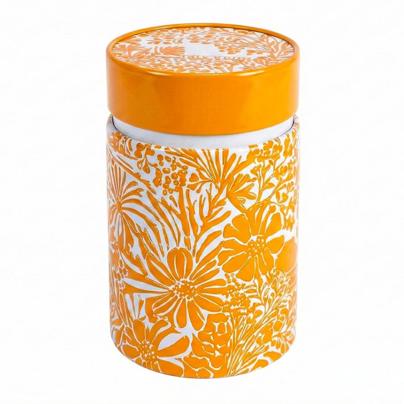 Teebox in Korallrot mit floralem Muster inspiriert von der Côte d'Azur und glatter runder Decke