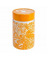 Boîte à thé corail motifs floraux inspiration Côte d'Azur avec couvercle rond lisse