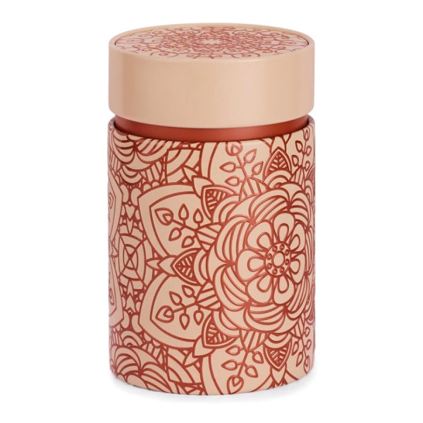 Mandala Ebony copper tea caddy with floral mandala pattern on beige and copper background