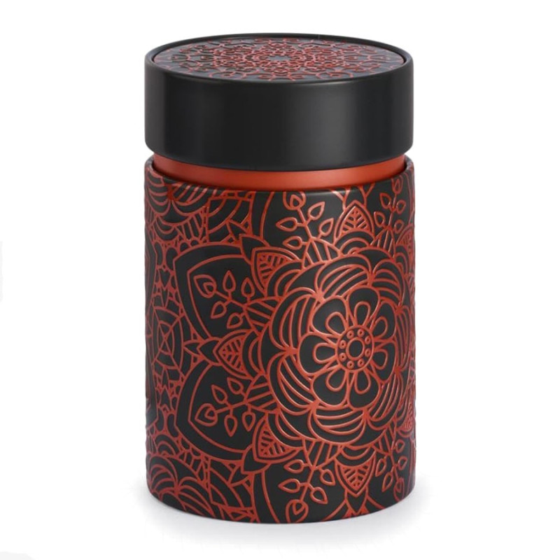 Schwarze Teedose Mandala Ebony mit roten Blütenmotiven und matter schwarzer Deckel