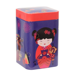 Boîte de thé Sweet Little Geisha Fire décor geisha et motifs japonais rouges et violets