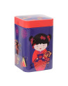 Sweet Little Geisha Fire tea tin with geisha decoration and Japanese patterns in red and purple