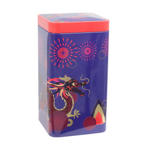 Scatola di tè Sweet Little Geisha Fire decorazione drago e fuochi d'artificio rosso e viola