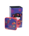 Blue metal tin decorated with a geisha and red and golden floral patterns for Sweet Little Geisha Fire tea