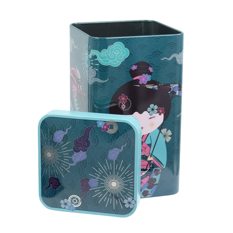 Scatola per tè quadrata decorazione geisha fiori e nuvole toni blu e viola Thés & Traditions