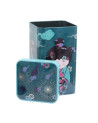 Quadratische Teedose mit Geisha-Motiv, Blüten und Wolken in Blau- und Violetttönen von Thés & Traditions