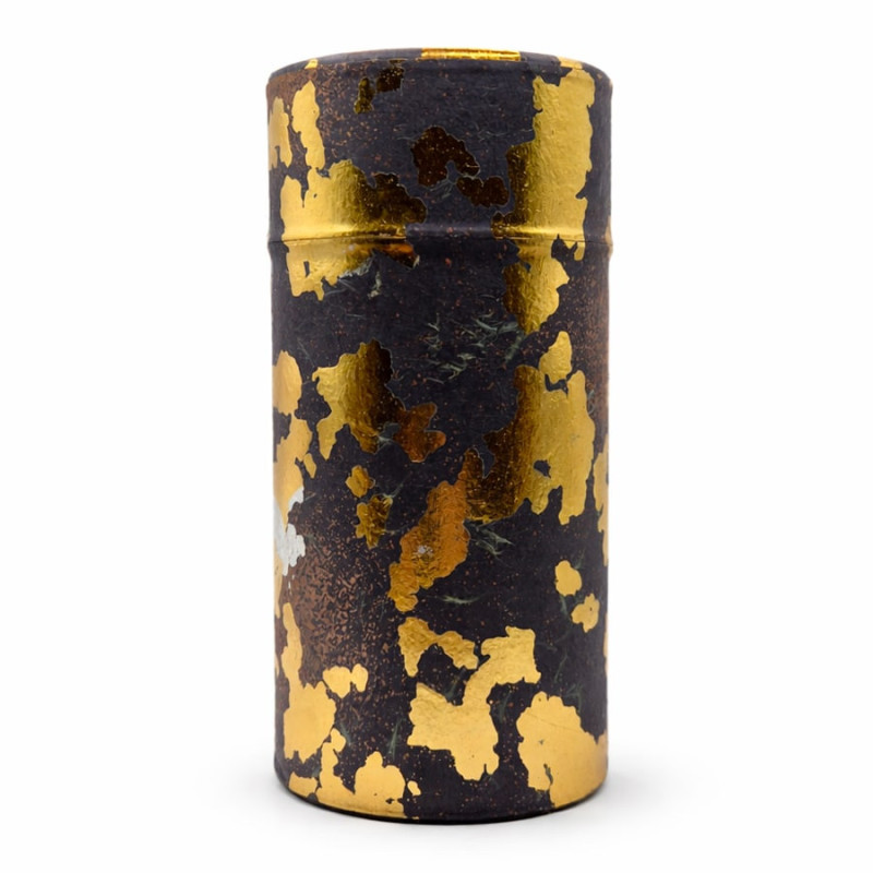 Schwarze zylindrische Dose mit goldfarbenen Washi-Sekai-Motiven für Tee von Thés & Traditions