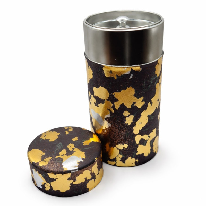 Round metal tea tin with black coating and Japanese style golden Sekai patterns
