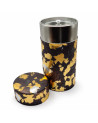 Runde Teedose aus Metall mit schwarzem Überzug und vergoldeten japanischen Motiven Sekai