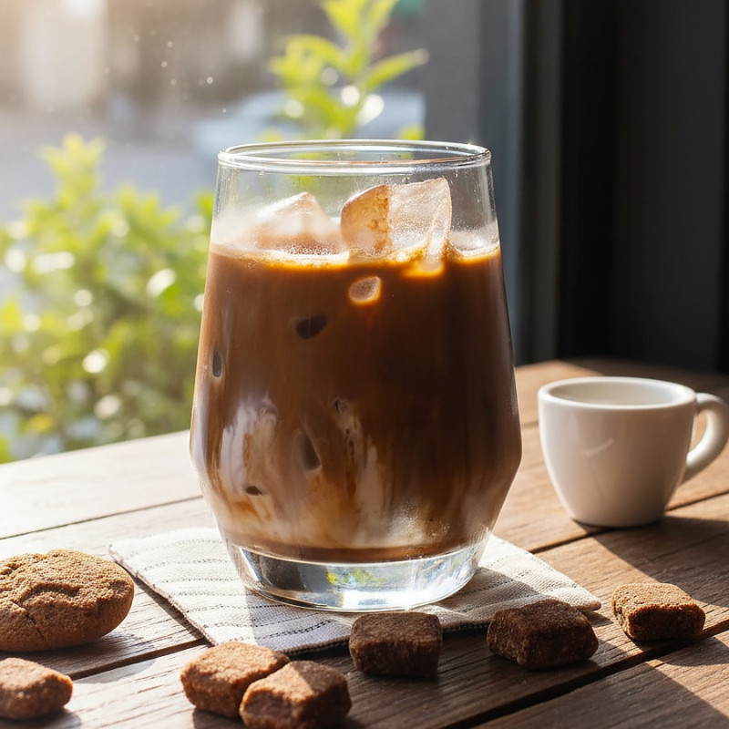 Verre de thé vert Hojicha bio glacé avec glaçons sur table en bois lumineux