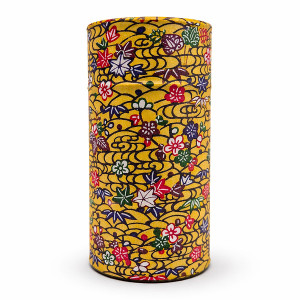 Gelbe zylindrische Dose mit traditionellem japanischem Blumenmuster für Tee von Thés & Traditions