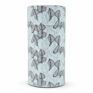 Zylindrische Schachtel aus Washi-Papier mit Blattmotiven für Ryokucha Grüntee von Thés & Traditions