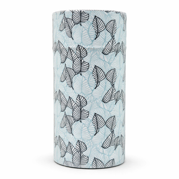 Cylindrical washi paper box with leaf patterns for Ryokucha green tea Thés & Traditions