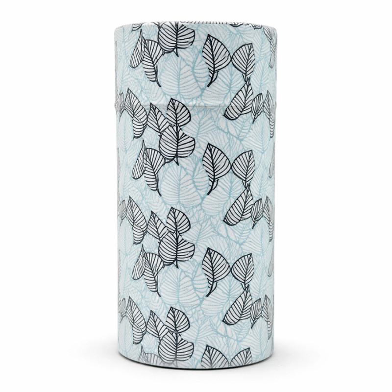 Zylindrische Schachtel aus Washi-Papier mit Blattmotiven für Ryokucha Grüntee von Thés & Traditions