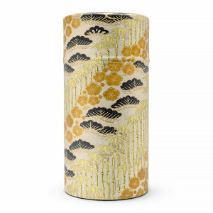 zylindrische Schachtel aus Washi-Papier mit Blumen- und Bambusmotiven in Gold-, Schwarz- und Grüntönen