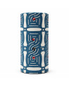 Cilindervormige doos van washi-papier met blauw, wit en rood motief voor theeopslag
