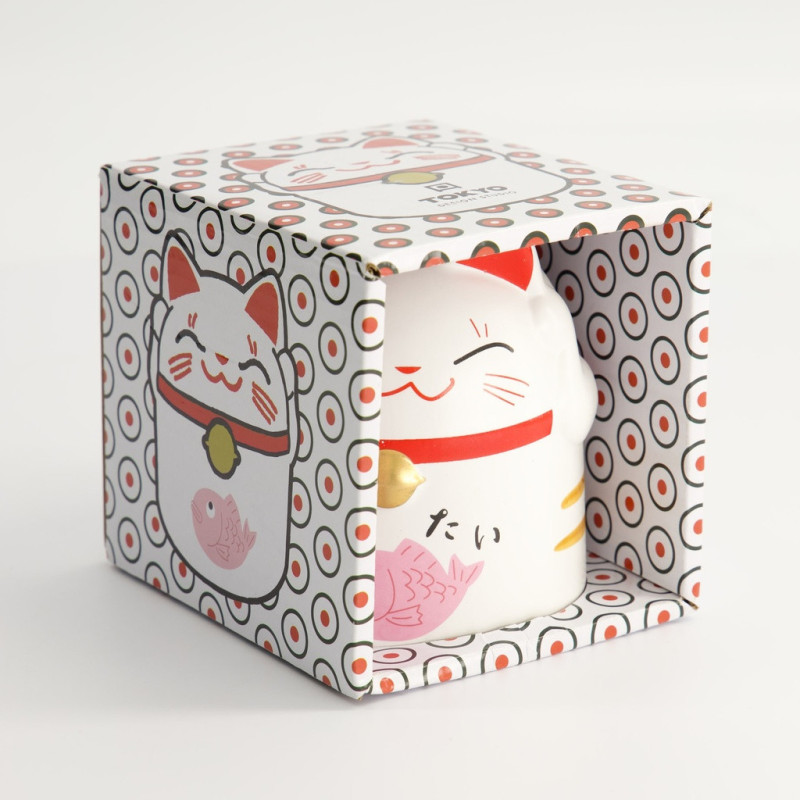 Witte Maneki Neko mok met roze vis tekening rode halsband gouden belletje in versierde doos