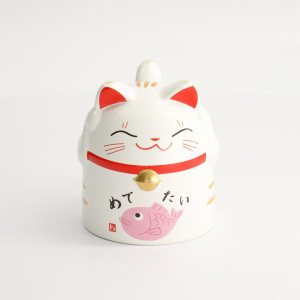 Maneki Neko ceramic mug white lucky cat with pink fish and golden bell