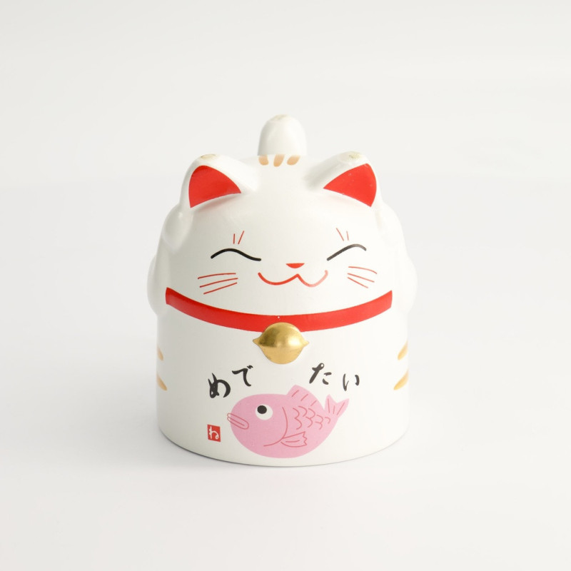 Maneki Neko ceramic mug white lucky cat with pink fish and golden bell