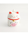 Maneki Neko ceramic mug white lucky cat with pink fish and golden bell
