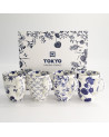 Geschenkset vier porseleinen mokken met blauwe bloemenmotieven Japanse stijl 38cl
