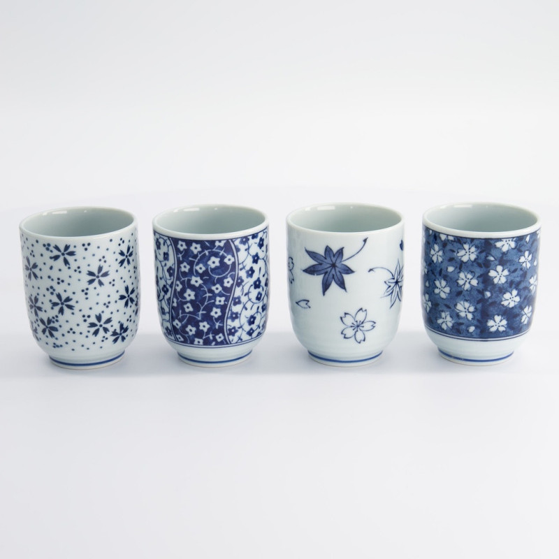 Gift set of four Japanese porcelain cups with blue and white floral patterns 160 ml