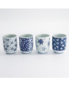 Geschenkset mit vier japanischen Porzellanschalen mit blau-weißem Blütenmuster, 160 ml