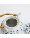 Théière en porcelaine blanche motifs fleurs de cerisier anse en bambou et infuseur en acier inoxydable 700ml