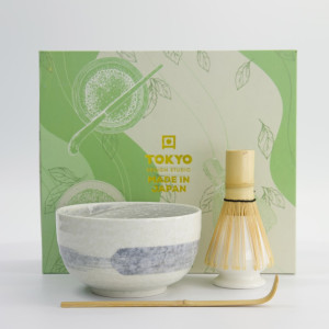 Matcha Hayase set with ceramic bowl bamboo whisk and traditional Japanese spoon