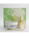 Matcha Hayase set with ceramic bowl bamboo whisk and traditional Japanese spoon
