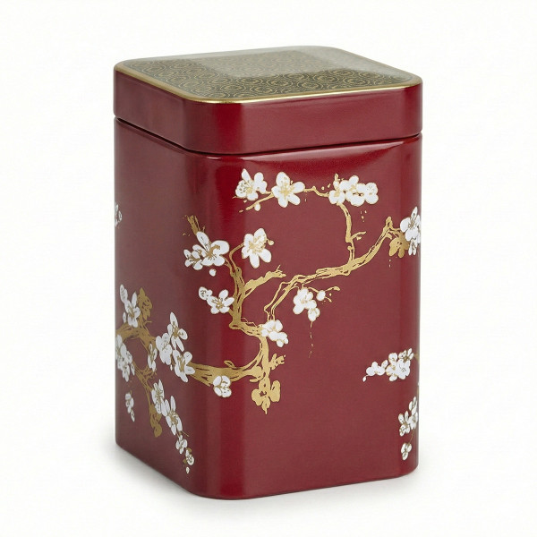 Boite à thé Japan Rubin 100g, métal laqué rouge avec décor cerisier en fleurs doré et blanc, couvercle motif japonais