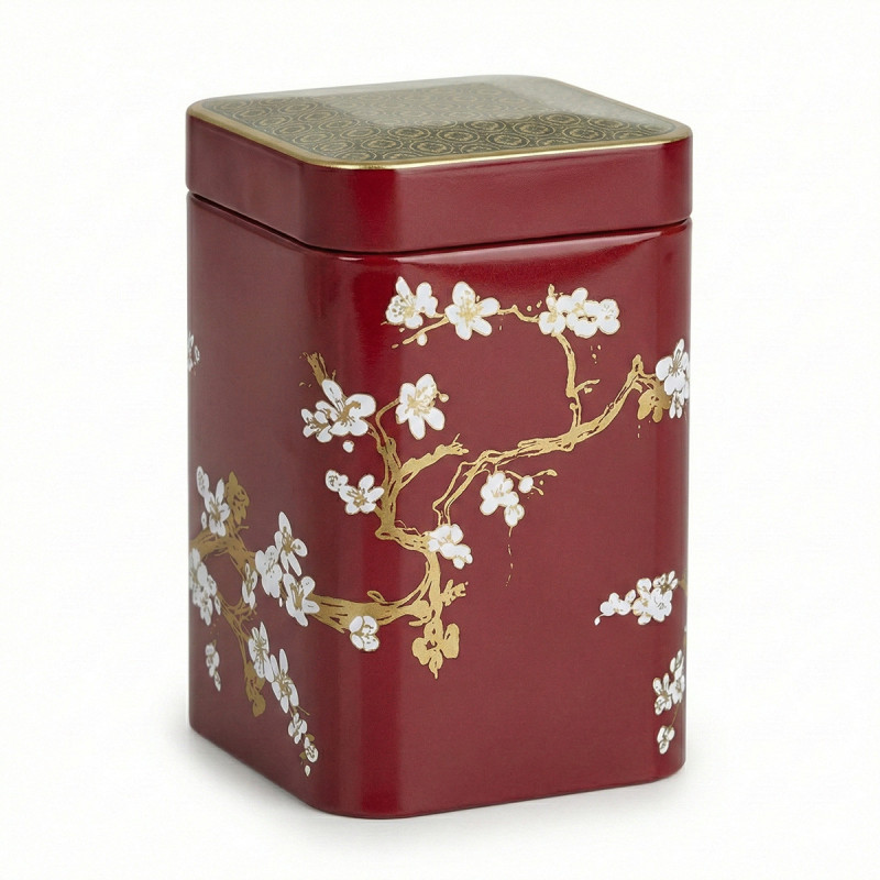 Teedose Japan Rubin 100g, rot lackiertes Metall mit goldenem und weißem Kirschblüten-Dekor und japanischem Musterverschluss