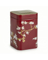Boite à thé Japan Rubin 100g, métal laqué rouge avec décor cerisier en fleurs doré et blanc, couvercle motif japonais