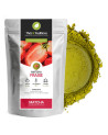 Strawberry flavored matcha powder with white packaging and red and green Thés et Traditions label