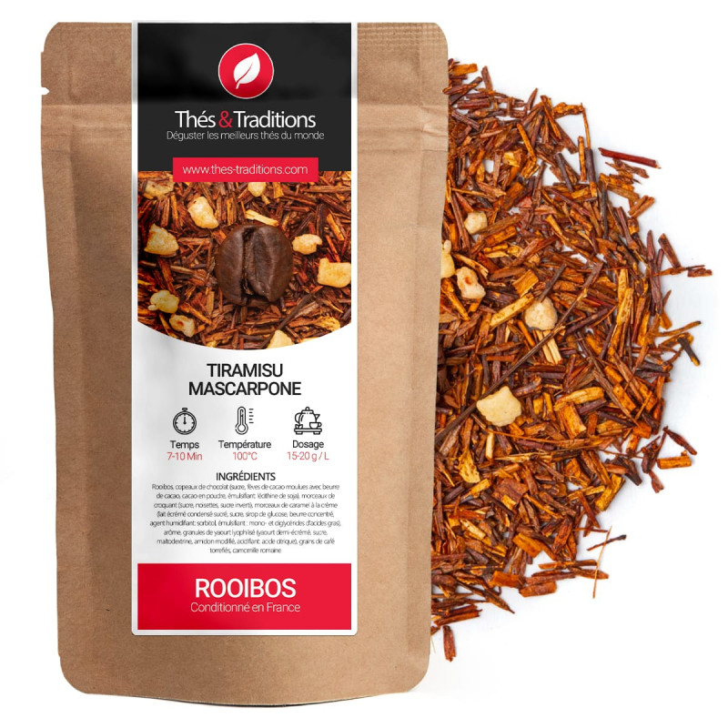 Rooibos tiramisu mascarpone sachet kraft avec morceaux de chocolat et café torréfié