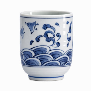 Weiße Porzellan-Tasse mit blauem Wellenmotiv, 16 cl Fassungsvermögen