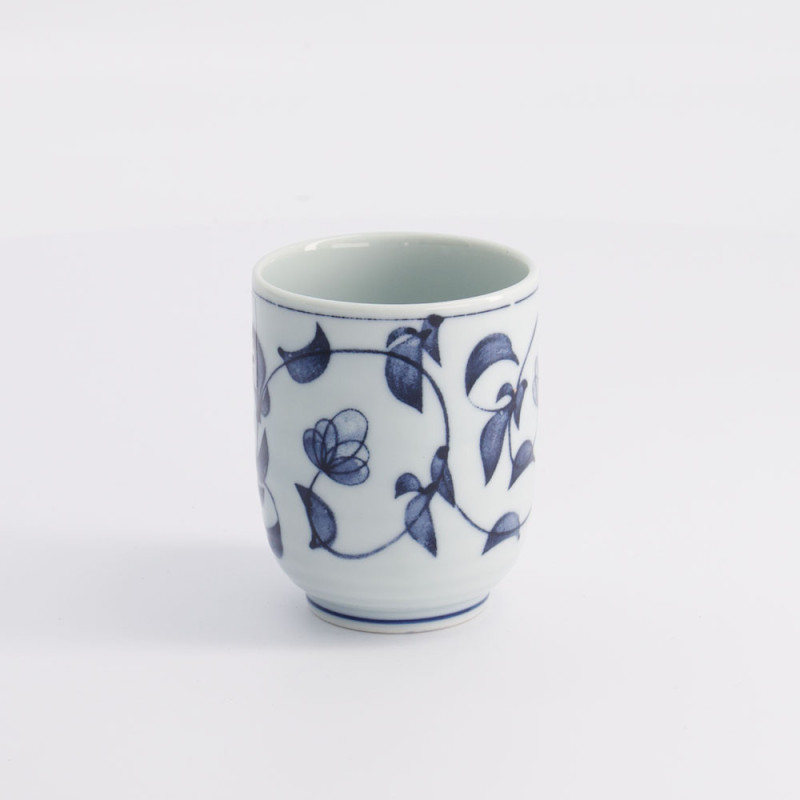 White porcelain cup decorated with blue floral motifs peony style 16cl