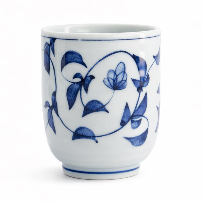 Weiße Porzellan-Tasse mit blauen Pfingstrosen-Motiven, 16 cl